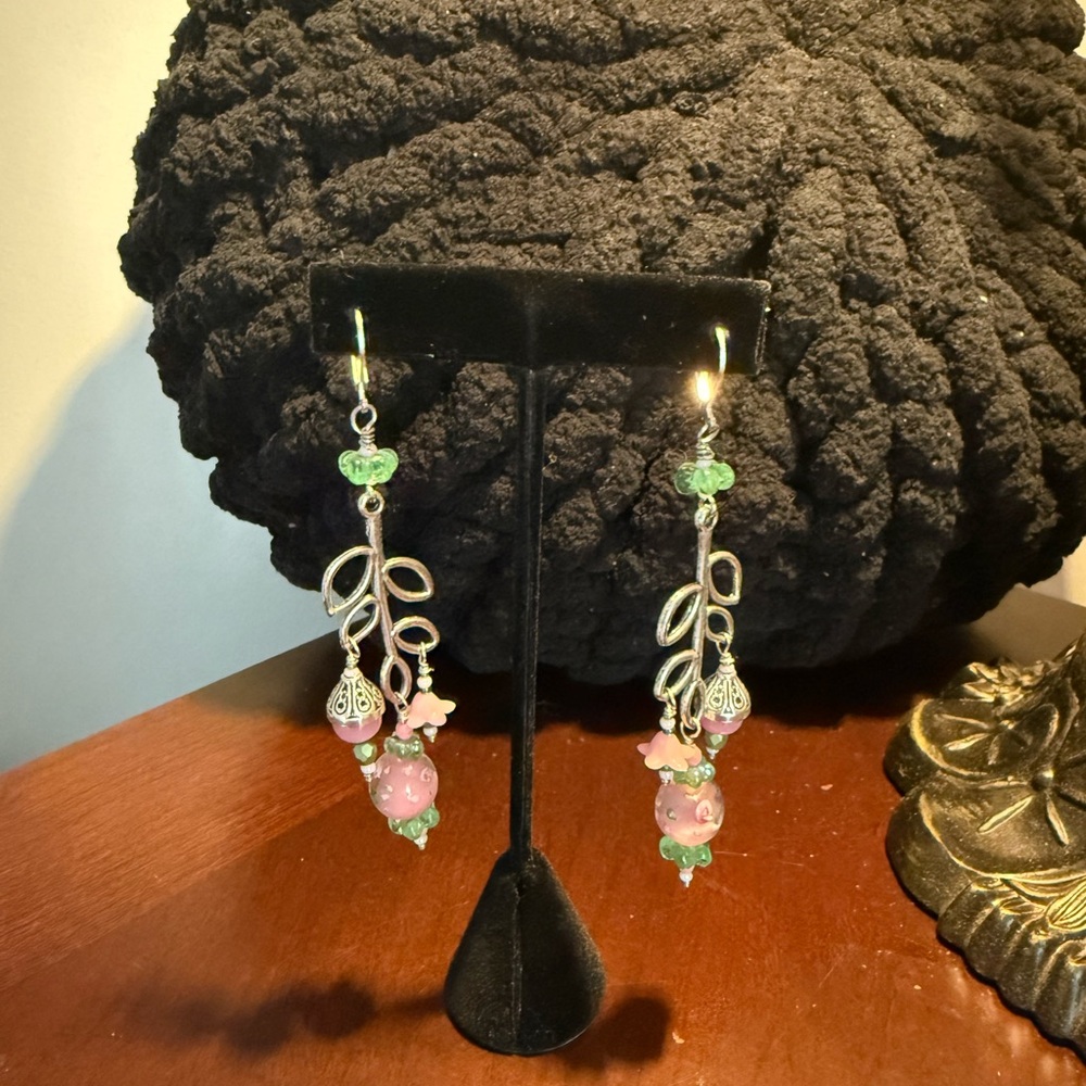 Elegant Floral Drop Earrings with Green and Pink Accents